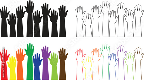 Raised hands flat, line icons set, showing diverse human arm silhouettes black, colorful vectors illustration for volunteer support, unity, voting, teamwork, participation, charity, community concept.