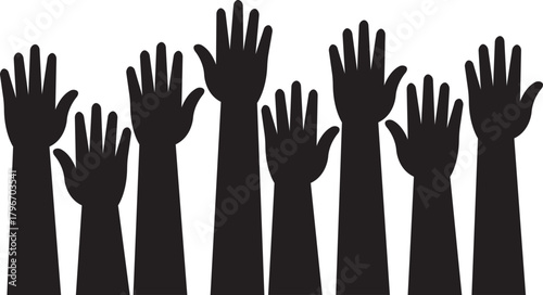 Raised hands icon in trendy flat style, showing diverse human arm silhouette black vector illustration for volunteer support, unity, voting, teamwork, participation, charity and community concept.