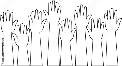 Raised hands icon in trendy line style, showing diverse human arm silhouette black vector illustration for volunteer support, unity, voting, teamwork, participation, charity and community concept.