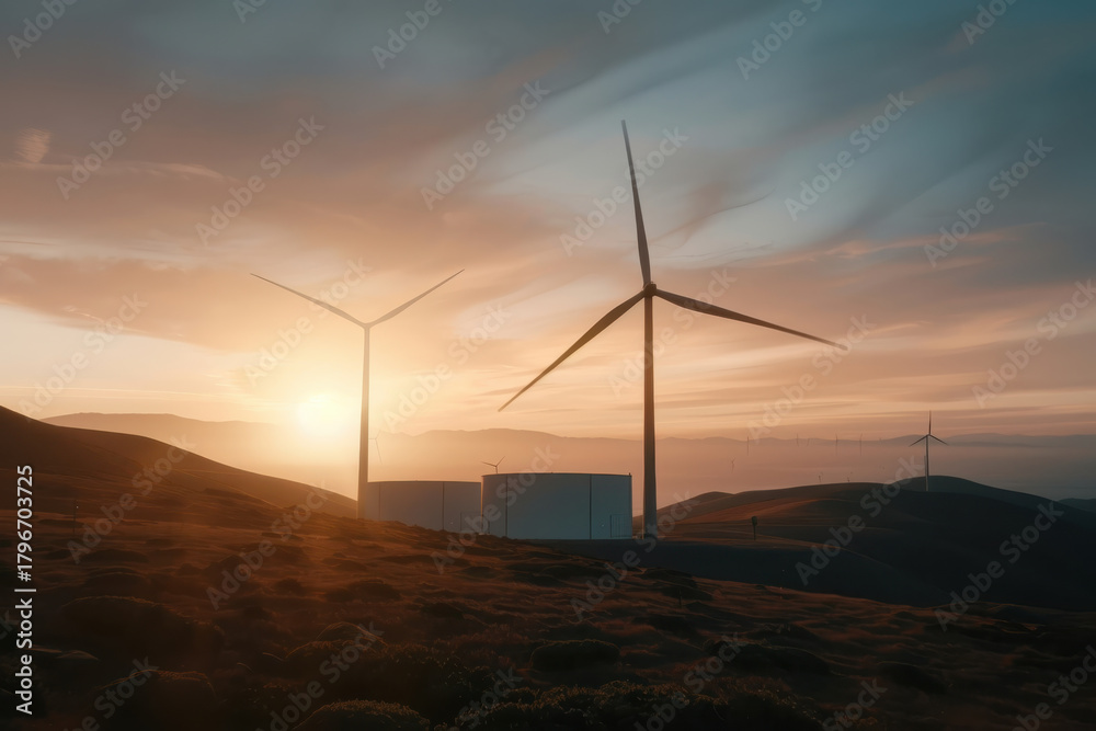 Obraz premium Wind turbines stand tall against stunning sunset, casting long shadows over rolling hills. serene landscape evokes sense of tranquility
