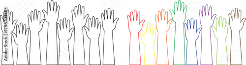 Raised hands line icons set, showing diverse human arm silhouette black and colorful vectors illustration for volunteer support, unity, voting, teamwork, participation, charity and community concept.