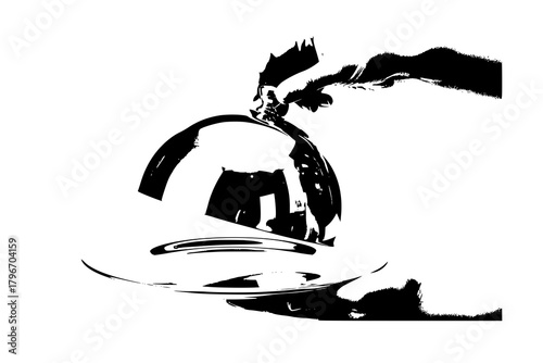 Hand holding Silver serving cloche raised above empty golden plate, cut out
