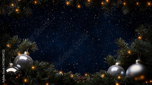 Dark blue Christmas background with shining silver ornaments glowing in soft light