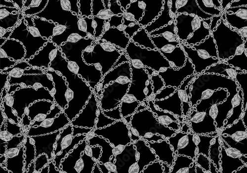 Silver Chains and Gemstones Pattern on Black Background