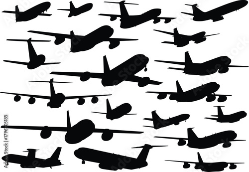 Set of black airplane silhouettes in various orientations featuring commercial, private, and military aircraft for aviation, transport, and travel vector design.