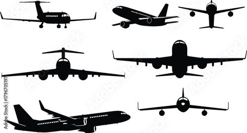 Set of airplane silhouettes from multiple angles showing diverse aircraft designs with engines, wings, and landing gear for aviation vector illustration.
