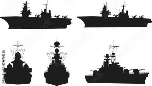 Set of military naval ship silhouettes featuring warship and battleship profiles with radar, weapons, and superstructures for defense vector design.