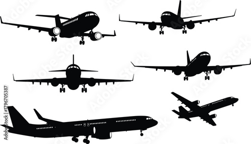 Silhouette collection of commercial airplanes approaching and taking off, showcasing multiple jet aircraft angles for aviation design, travel concepts, and transportation themes.