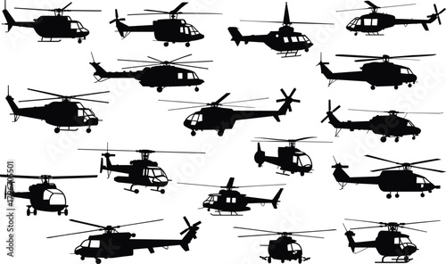 Collection of helicopter silhouettes showcasing diverse rotor systems, tail designs, and fuselage styles for aviation, military, transport, and vector graphic use.