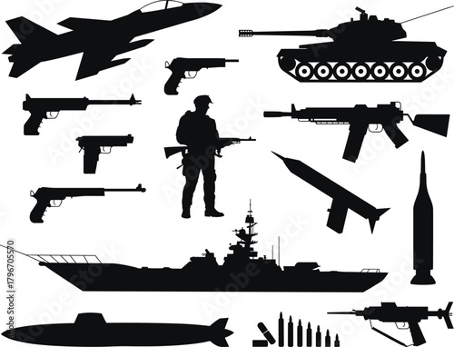 Collection of military silhouettes featuring jet, tank, soldier, firearms, warship, submarine, and missile for combat, defense, and vector design.