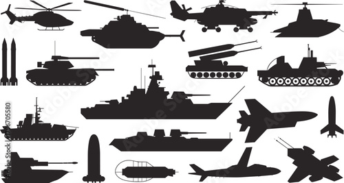 Collection of military vehicle and equipment silhouettes including tanks, helicopters, jets, ships, missiles, and artillery for defense vector illustration use.