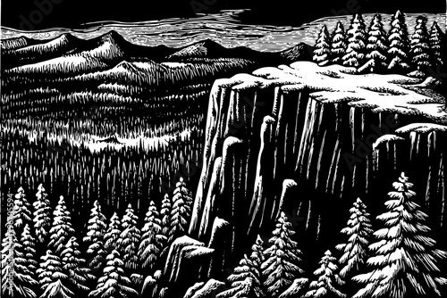 high rocky ledge rises above endless snowy forest, offering a dramatic panoramic view of frozen landscape and deep winter silence