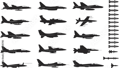 Military jet and missile silhouette vector collection featuring various fighter aircraft, bomb shapes, and weapon icons for aviation design, defense graphics, and infographic projects.