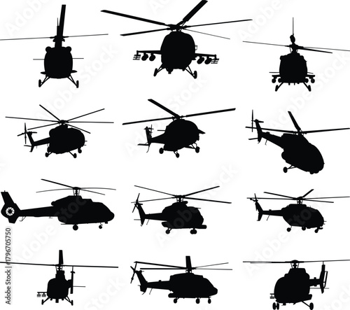 Military helicopter silhouette vector set featuring various rotorcraft angles, armed attack choppers, and aviation icons for defense graphics, aerospace design, and tactical illustrations.