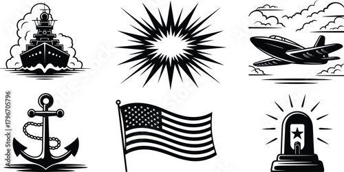 Military-themed emblem vector set featuring battleship, aircraft, anchor, American flag, starburst, sky clouds, and siren icons for patriotic design and illustration projects.