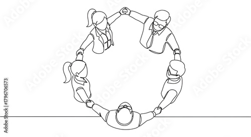 Business team forming a circle with joined hands, symbolizing unity, teamwork, and collaborative spirit.