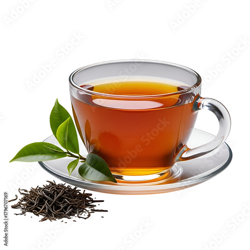 A clear glass cup filled with amber tea, accompanied by fresh leaves and dried tea leaves