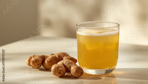 Amber Drink Composition with Root Texture, Shadow Play and Glass Reflectance, Warm Tones.