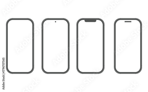 Four different smartphone outlines showing evolution of mobile phone screen designs isolated on white background