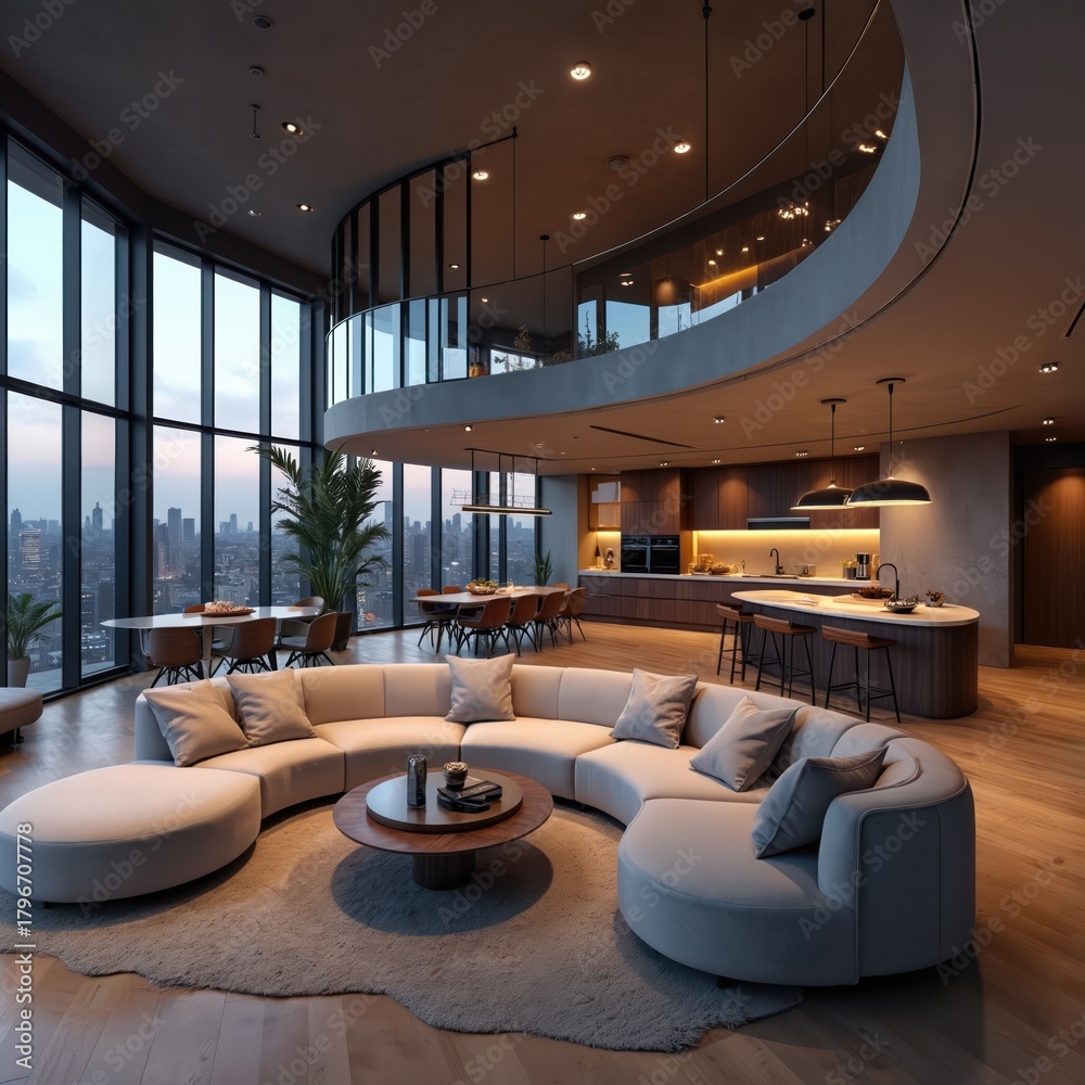 Obraz premium Contemporary loft living room interior rendering expansive city views. Curved sofa, wooden table define luxurious space with natural light. Minimalist design blends concrete walls with warm wood
