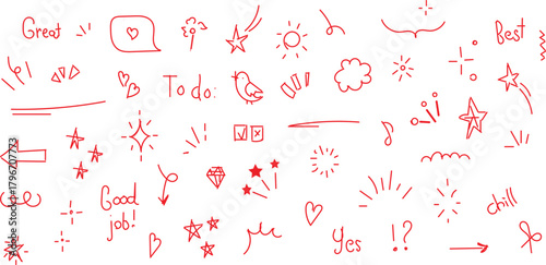 collection of hand-drawn red doodle icons and simple text. These informal sketches are often used for decorative purposes, in digital media, or as creative elements. 