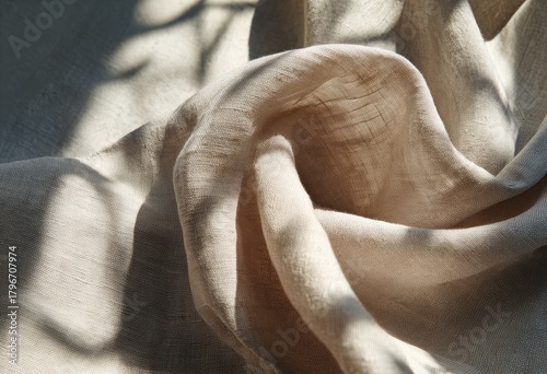 Soft beige fabric in folds, lit with shadows. Detailed texture