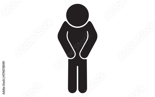 A simple black silhouette of a person standing with hands clasped in front isolated on white background