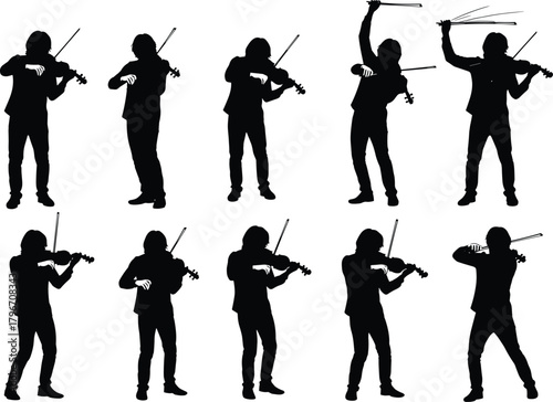 Flat vector silhouette of violinists in dynamic performance poses, expressive musical motion, artistic design, classical instrument, music illustration set