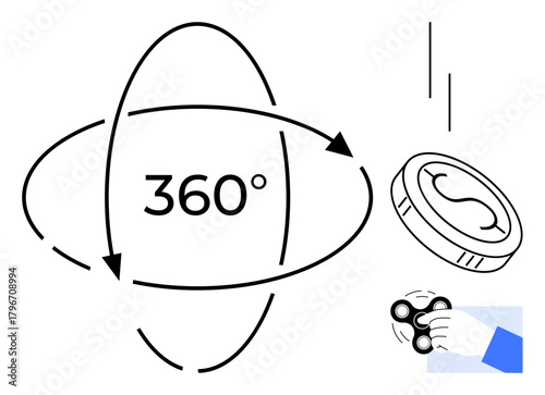 360-degree movement visualized with arrows, a spinning coin, and a fidget spinner in hand. Ideal for physics, motion, dynamics, energy, mechanics creativity productivity. Simple flat metaphor
