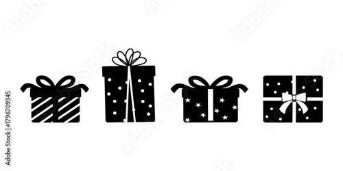 モノクロのクリスマスプレゼントのシンプルなイラスト　クリスマス素材