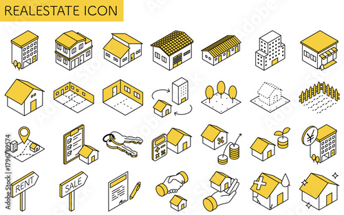 不動産購入、戸建てやマンション、店舗、住宅ローンや農地などのシンプルな線画アイソメトリックイラスト