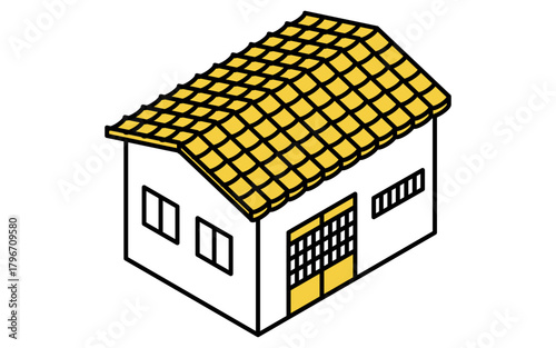 不動産購入、中古戸建て一軒家のシンプルな線画アイソメトリックイラスト