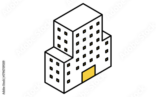 不動産購入、中高層マンションのシンプルな線画アイソメトリックイラスト