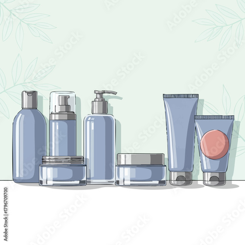 An illustration of various cosmetic products, including bottles, jars, and tubes, arranged on a white surface with a light green background.
