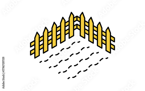 不動産購入、柵で区切られた農地（畑）のシンプルな線画アイソメトリックイラスト