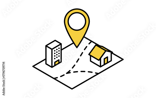 不動産購入、立地やエリア確認のシンプルな線画アイソメトリックイラスト