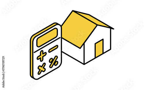 不動産購入、住宅と電卓（ローンシミュレーションイメージ）のシンプルな線画アイソメトリックイラスト