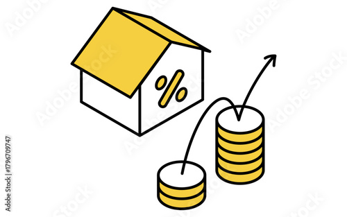 不動産購入、住宅ローンの変動金利や金利上昇のシンプルな線画アイソメトリックイラスト
