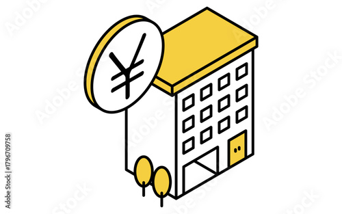 不動産購入、利益を生む投資用マンションのシンプルな線画アイソメトリックイラスト