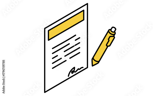 不動産購入、契約書にサインするシンプルな線画アイソメトリックイラスト