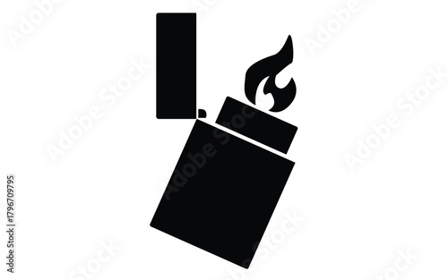 Black silhouette of a lit cigarette lighter with a flame burning brightly isolated on white background