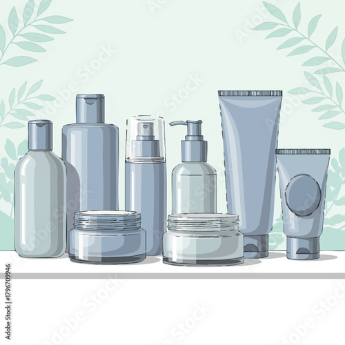 A collection of various skincare products, including bottles, jars, and tubes, arranged on a shelf with a soft, minimalist aesthetic.