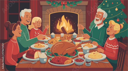 Family Dinner for Thanksgiving near Fireplace in Room with Christmas Tree