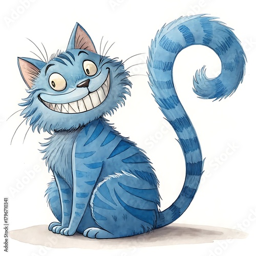 Whimsical blue striped cat with a wide grinning smile