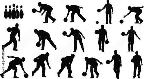 Bowling sport silhouettes with pins and ball, male players in various throwing and rolling poses, athletic action collection, black and white vector illustration set for sports.