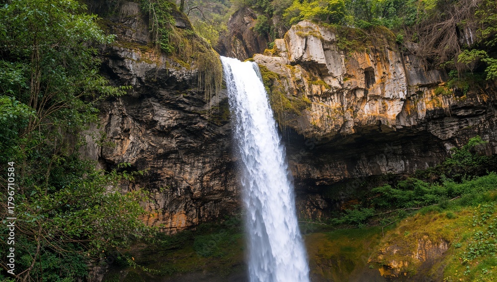Obraz premium Cascading Falls, Verdant Cliffs. A Symphony of Water and Stone Natural Splendor.