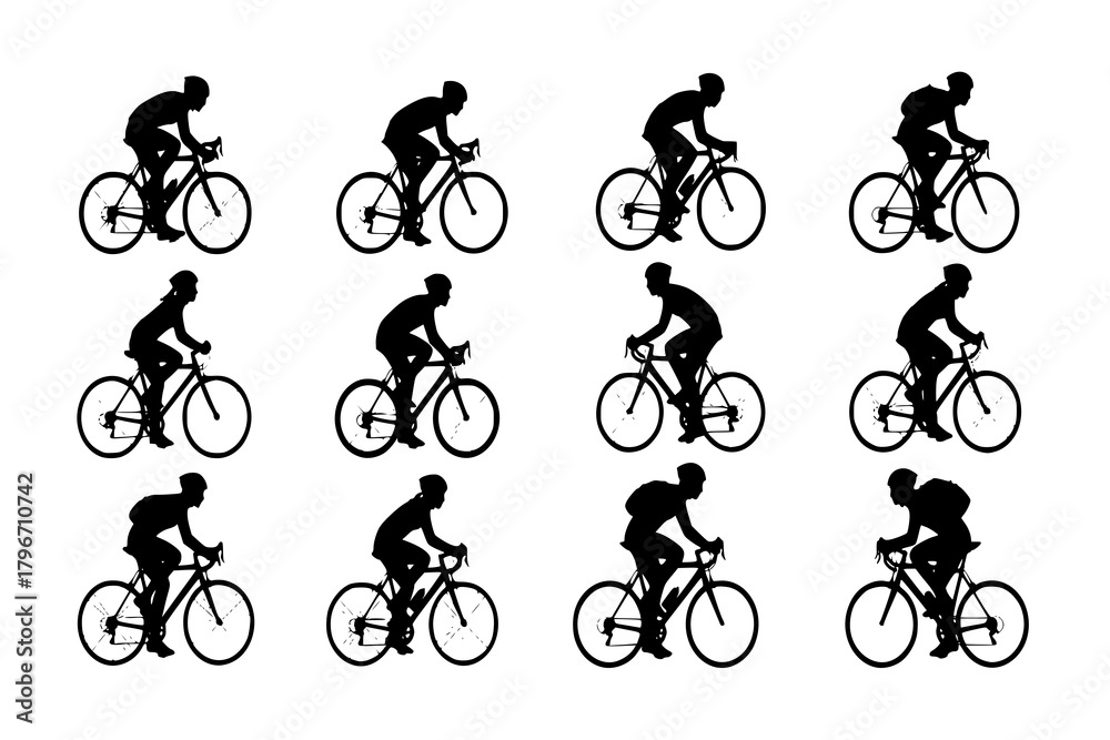 Obraz premium set of silhouettes of people riding bicycle. cyclist side view. isolated on a background. vector set