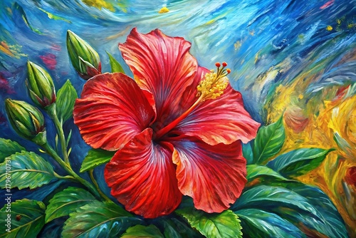 Red flower with green leaves