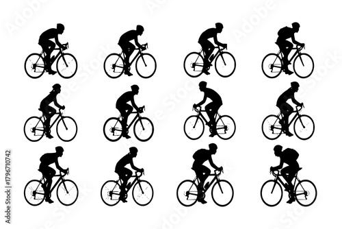set of silhouettes of people riding bicycle. cyclist side view. isolated on a background. vector set
