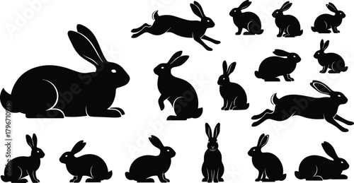 Charming rabbit silhouettes collection, cute bunnies in various poses, sitting hopping running, long ears, black and white vector illustration set for spring and Easter.